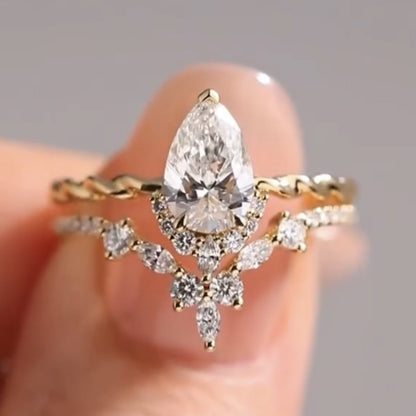 ArtDeco Pear Moissanite Engagement Ring Set Vintage Wedding  Bridal Anniversary Set