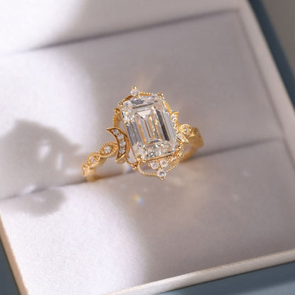 Vintage  Emerald Moissanite Art Deco Engagement Ring Gold Wedding Anniversary Ring