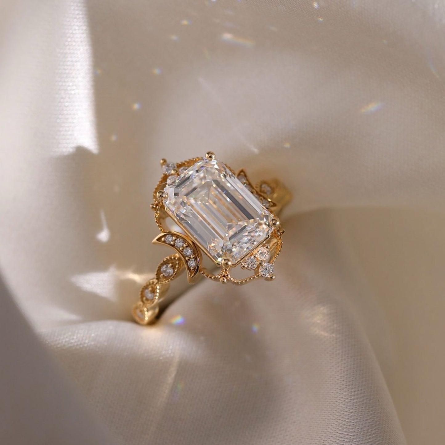 vintage  emerald moissanite art deco engagement ring gold wedding anniversary ring