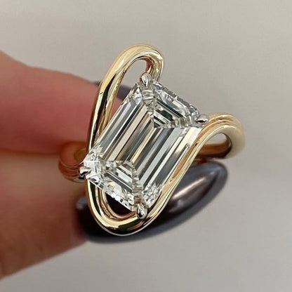 Emerald Moissanite Engagement Ring Curve Band  Gold Wedding Anniversary Ring