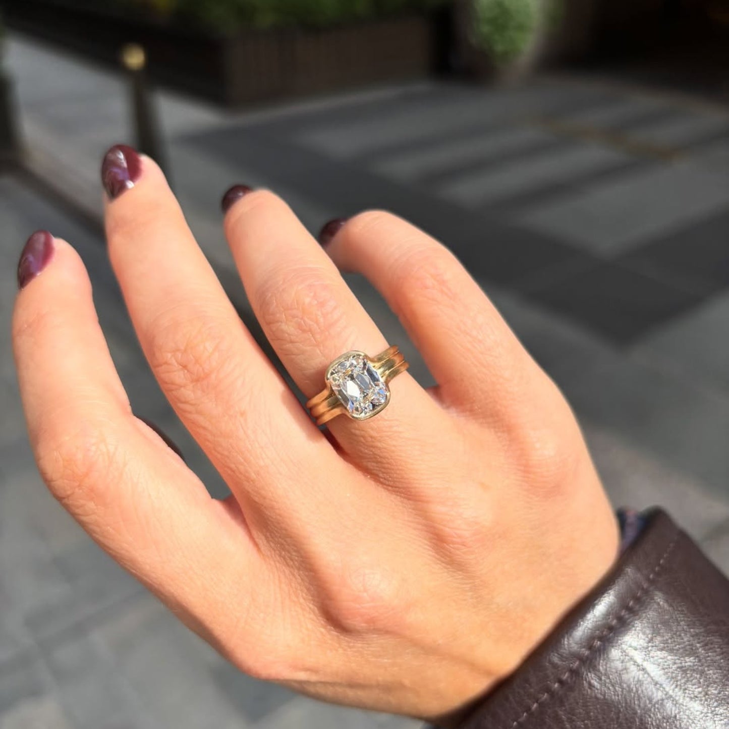 half bezel set old mine  elongated cushion moissanite engagement ring antique  gold unique wedding anniversary ring