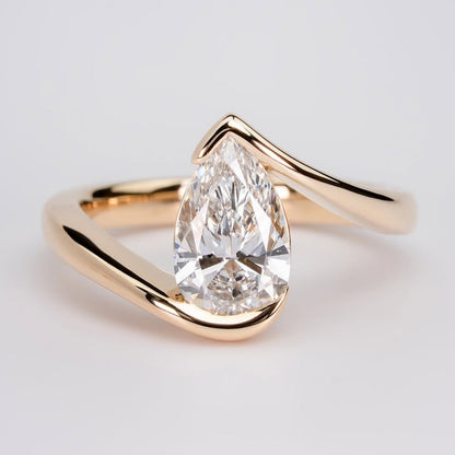 Bypass Pear Moissanite Engagement Ring Half Bezel Gold  Anniversary Ring