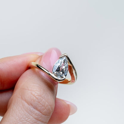 Bypass Pear Moissanite Engagement Ring Half Bezel Gold  Anniversary Ring