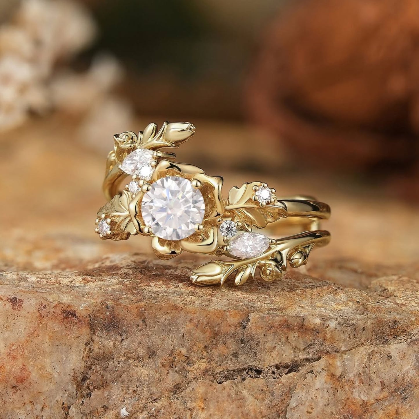 nature inspired  round moissanite vintage engagement ring set art deco gold bridal wedding ring sets