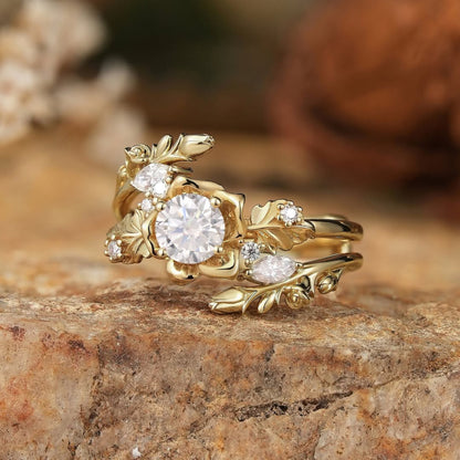 Nature Inspired  Round Moissanite Vintage Engagement Ring Set Art Deco Gold Bridal Wedding Ring Sets