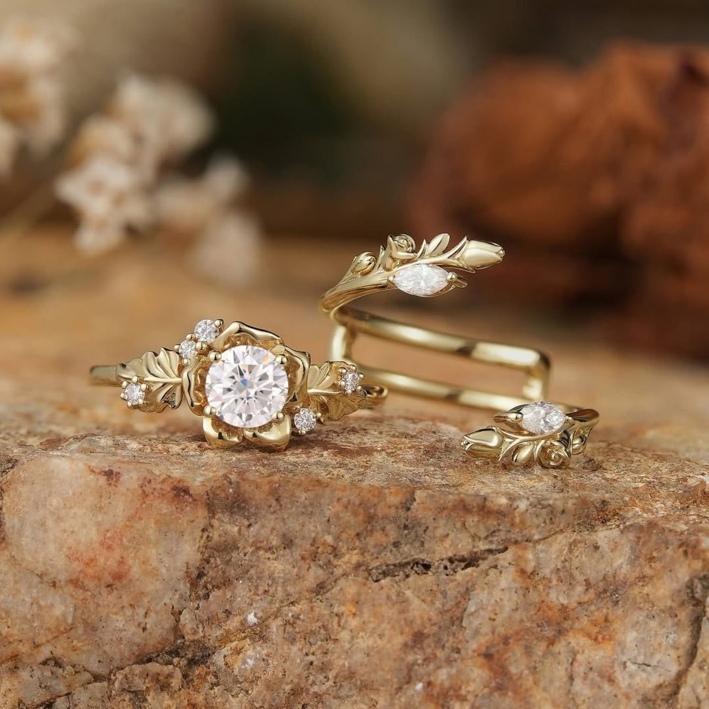 nature inspired  round moissanite vintage engagement ring set art deco gold bridal wedding ring sets