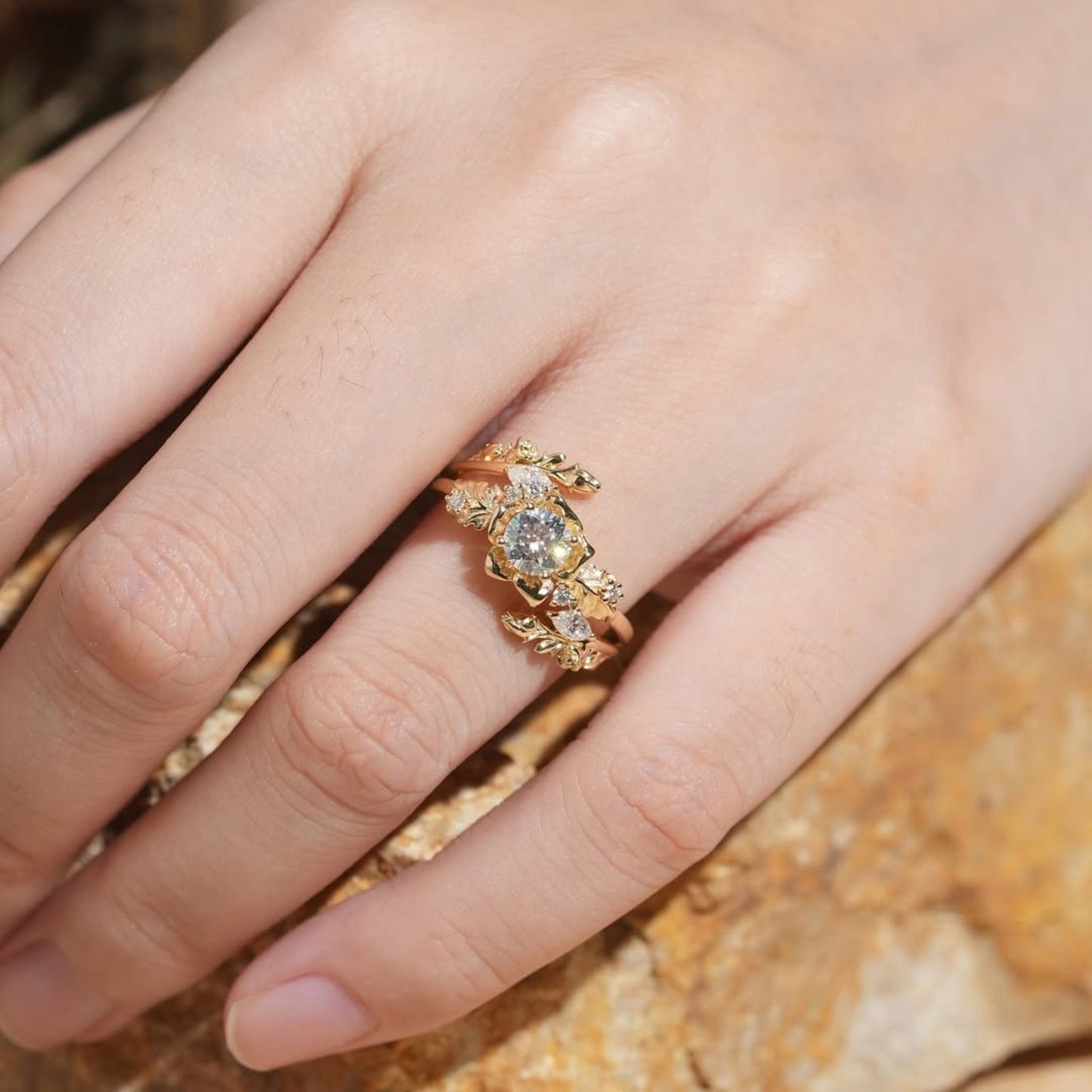 nature inspired  round moissanite vintage engagement ring set art deco gold bridal wedding ring sets