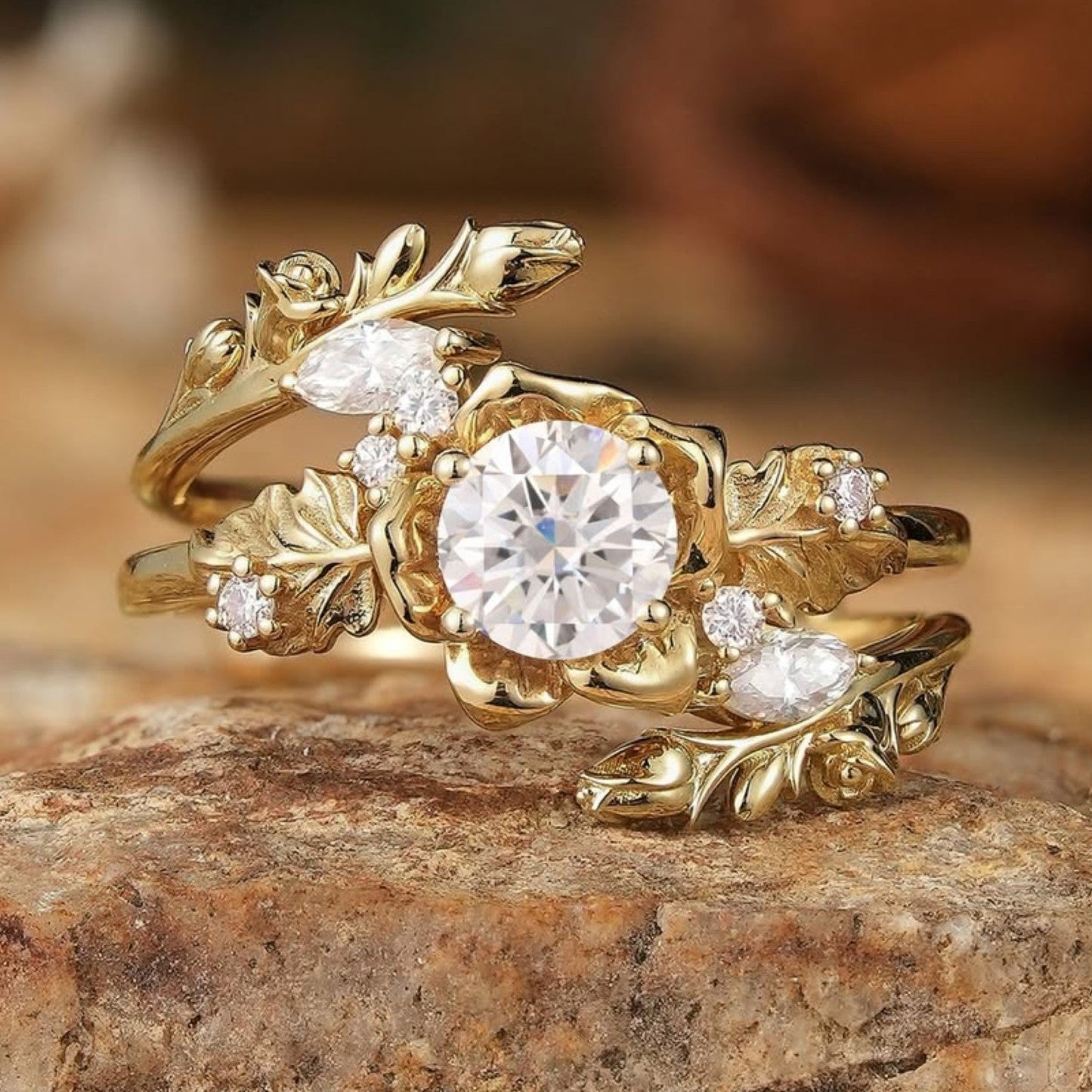 nature inspired  round moissanite vintage engagement ring set art deco gold bridal wedding ring sets