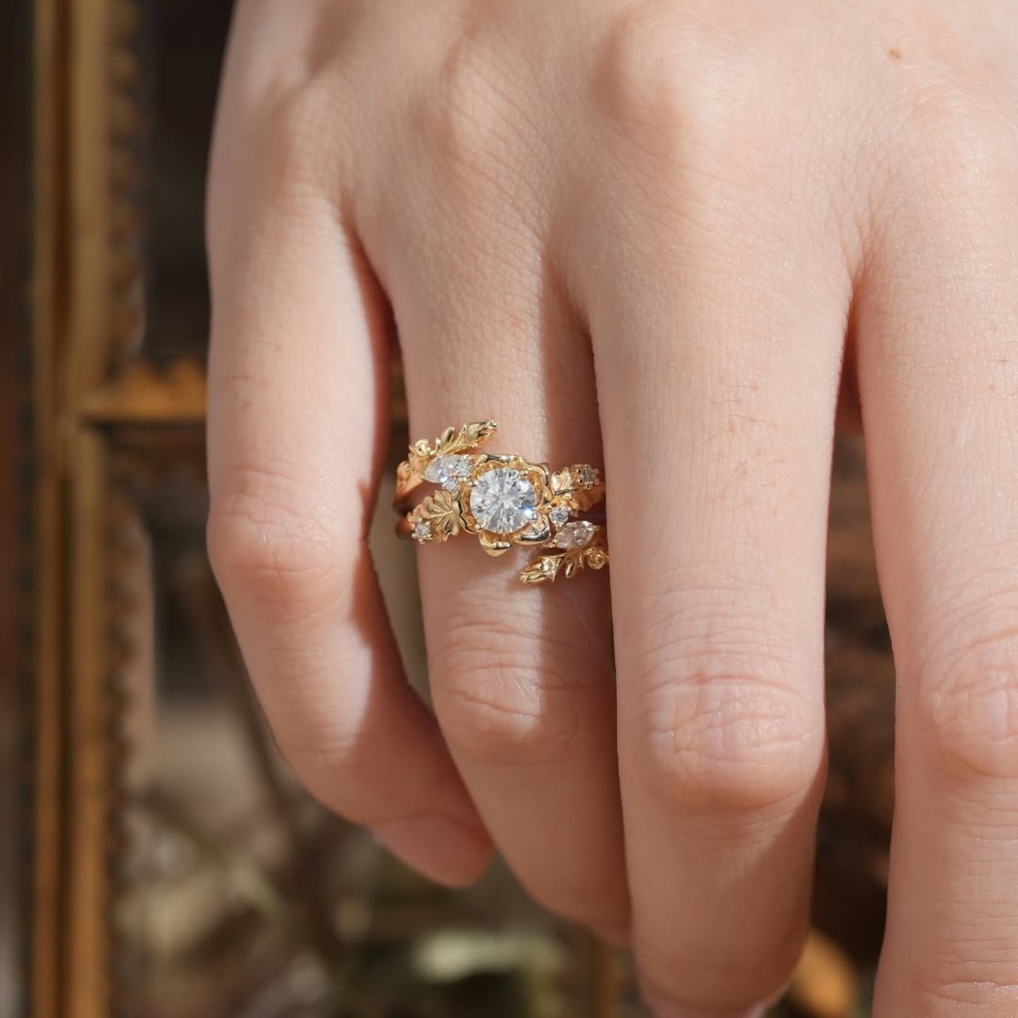 nature inspired  round moissanite vintage engagement ring set art deco gold bridal wedding ring sets