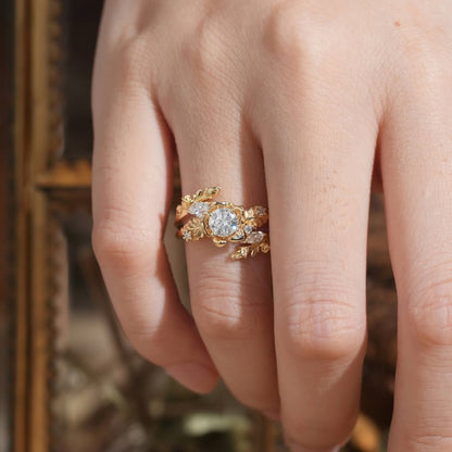 Nature Inspired  Round Moissanite Vintage Engagement Ring Set Art Deco Gold Bridal Wedding Ring Sets