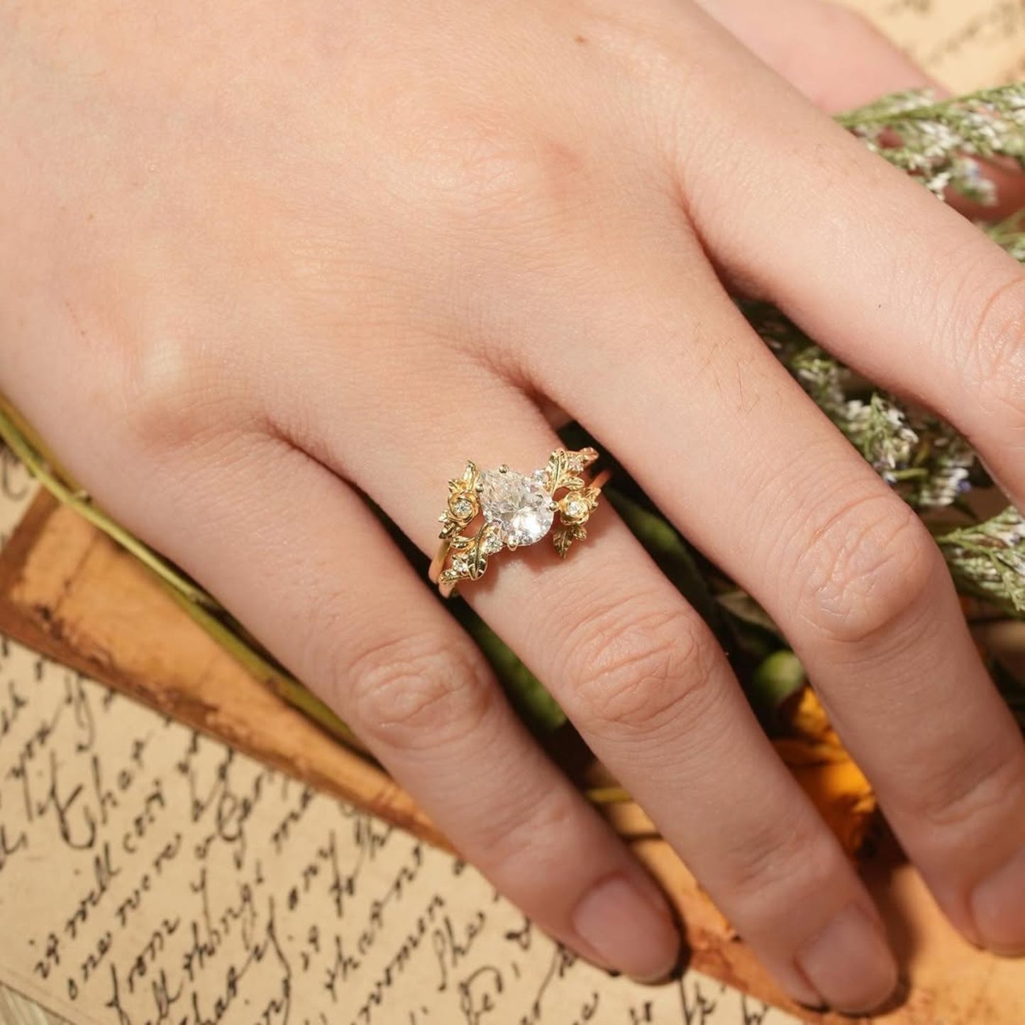 pear moissanite vintage engagement ring set gold bridal wedding ring set