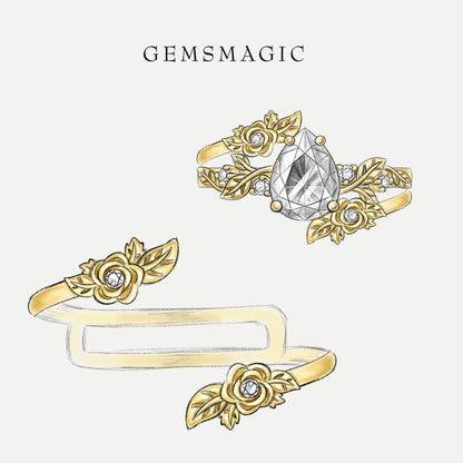 Pear Moissanite Vintage Engagement Ring Set Gold Bridal Wedding Ring Set