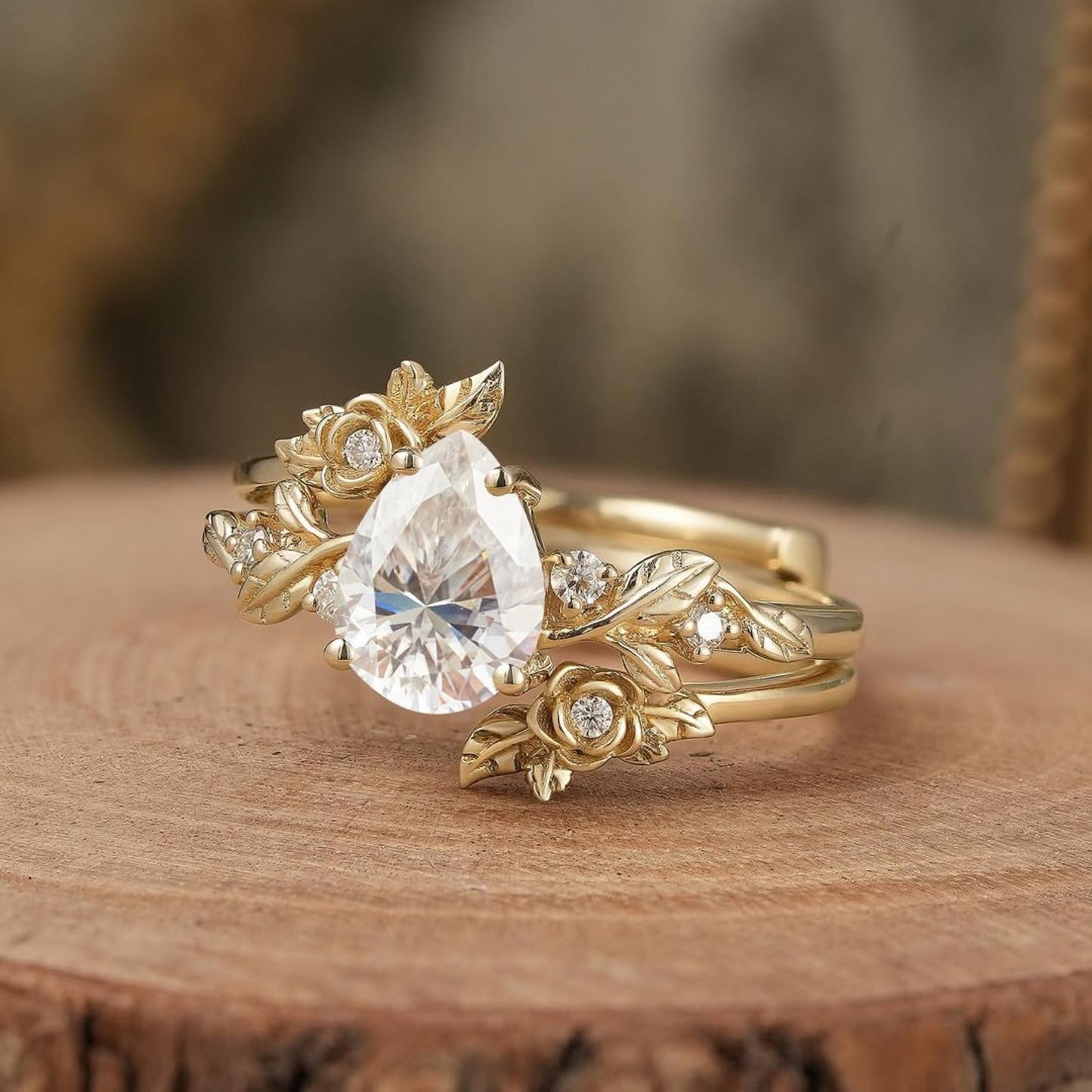 pear moissanite vintage engagement ring set gold bridal wedding ring set