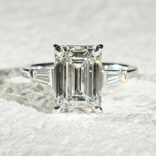 Emerald Three Stone Lab Grown Engagement Ring Past Present Future Wedding Ring