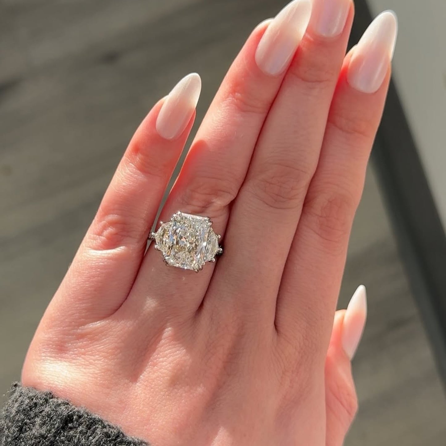 radiant three stone moissanite engagement ring past preset future wedding ring