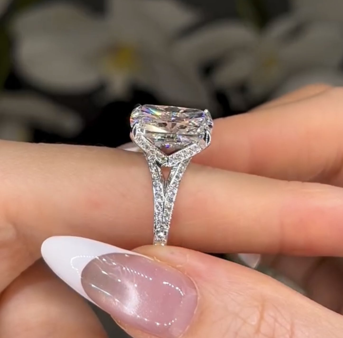 elongated cushion split shank lab grown engagement ring gold wedding anniversary ring