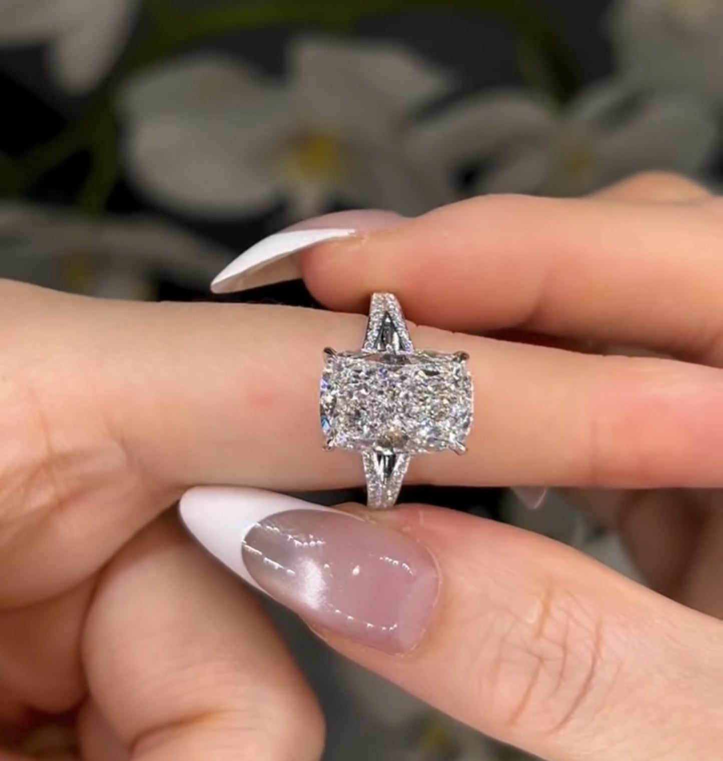 elongated cushion split shank lab grown engagement ring gold wedding anniversary ring