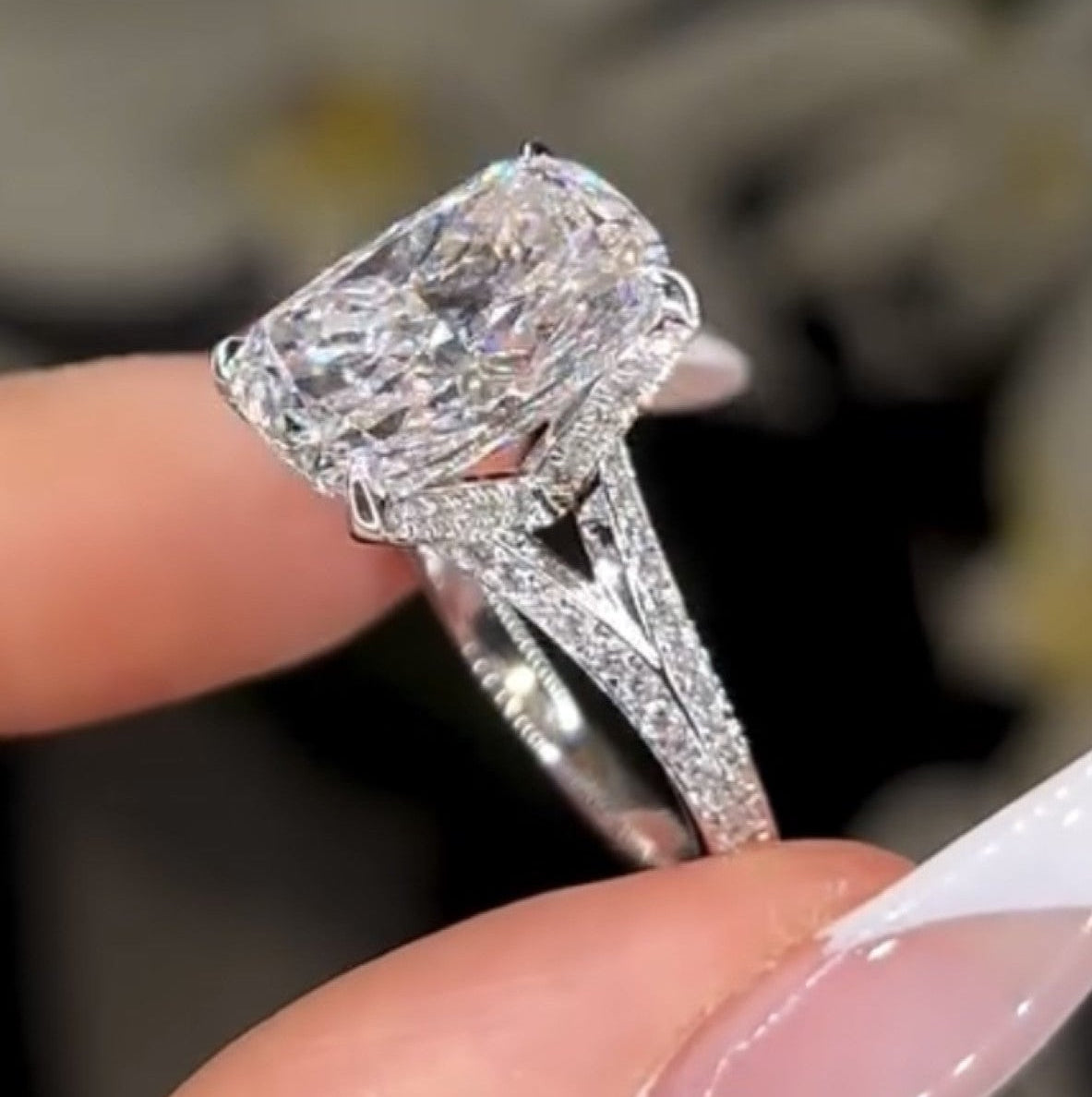 elongated cushion split shank lab grown engagement ring gold wedding anniversary ring