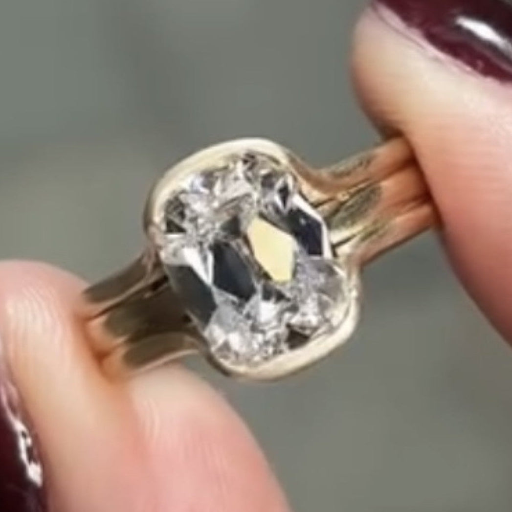 half bezel set old mine  elongated cushion moissanite engagement ring antique  gold unique wedding anniversary ring