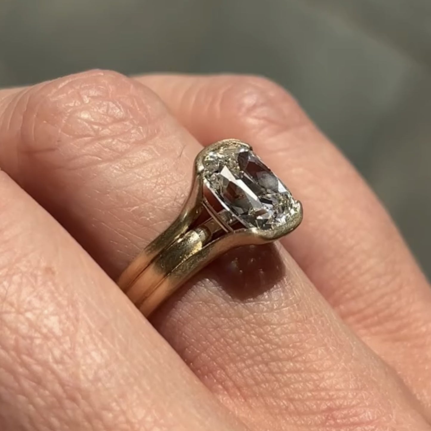 half bezel set old mine  elongated cushion moissanite engagement ring antique  gold unique wedding anniversary ring