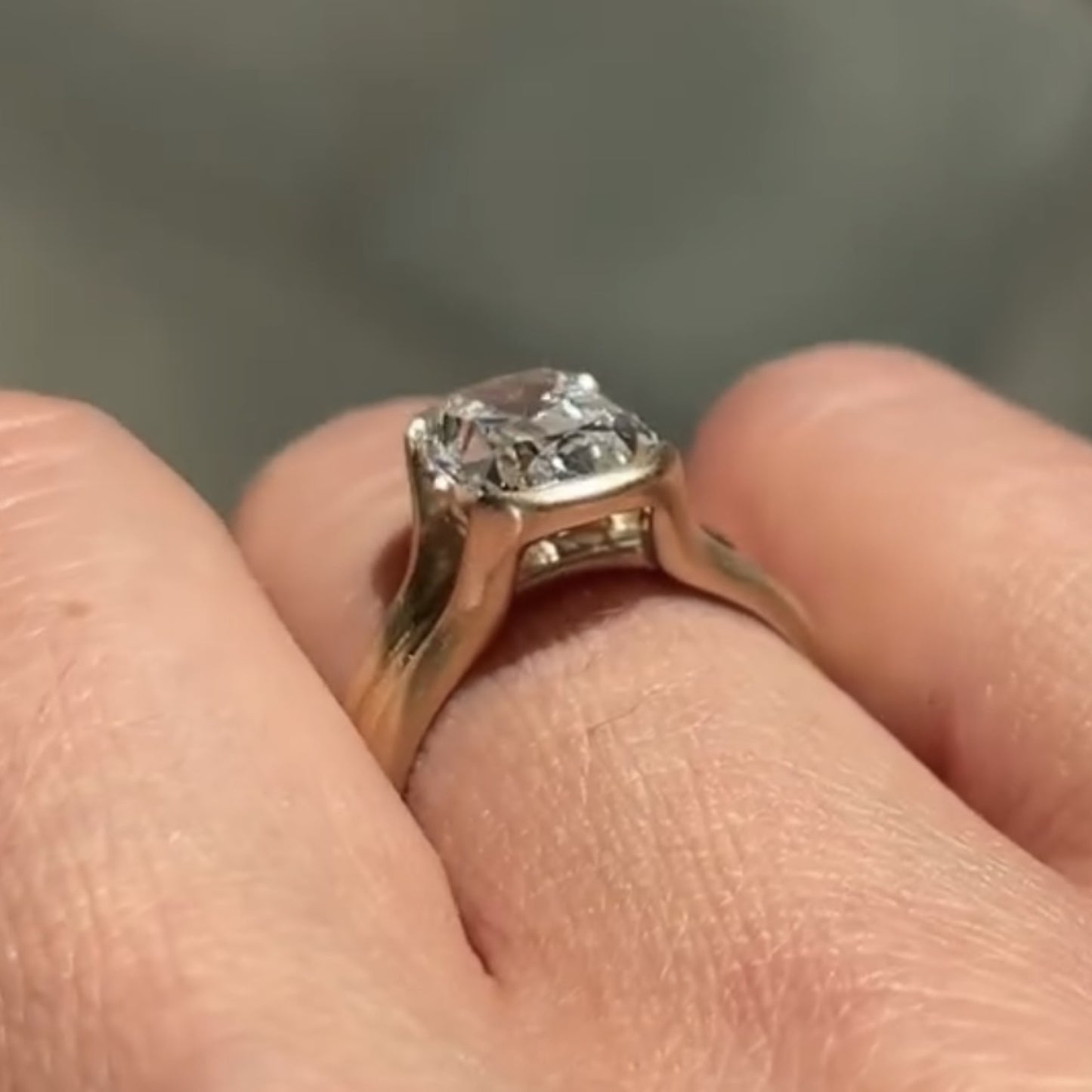 half bezel set old mine  elongated cushion moissanite engagement ring antique  gold unique wedding anniversary ring