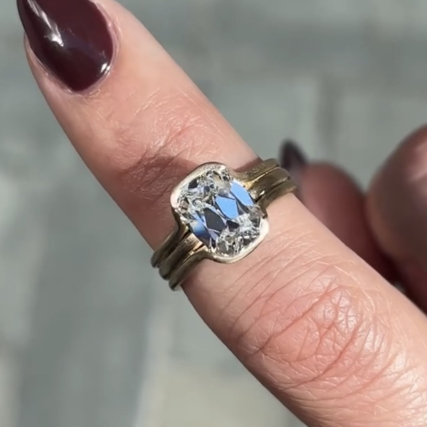 half bezel set old mine  elongated cushion moissanite engagement ring antique  gold unique wedding anniversary ring