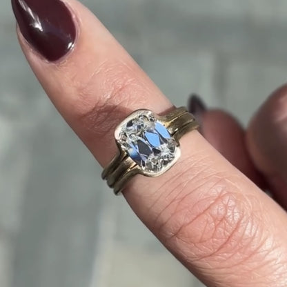 Half Bezel Set Old Mine  Elongated Cushion Moissanite Engagement Ring Antique  Gold Unique Wedding Anniversary Ring