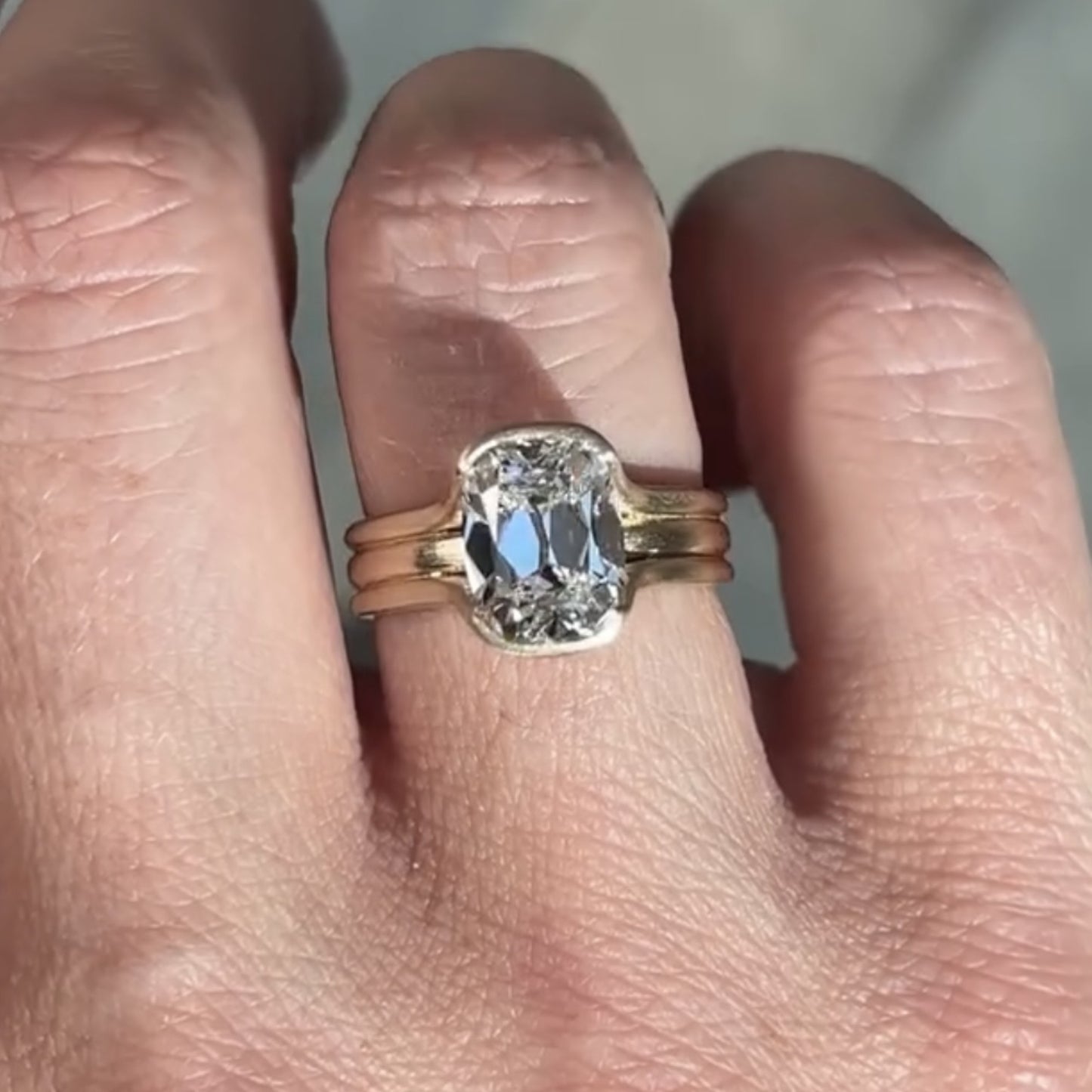 half bezel set old mine  elongated cushion moissanite engagement ring antique  gold unique wedding anniversary ring