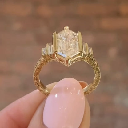 Half Bezel Hexagon Lab Grown Vintage Engagement Ring Art deco Gold Wedding Nature Inspired Rings Anniversary Ring