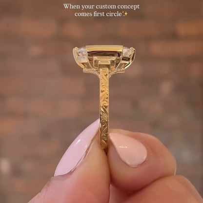 Half Bezel Hexagon Lab Grown Vintage Engagement Ring Art deco Gold Wedding Nature Inspired Rings Anniversary Ring