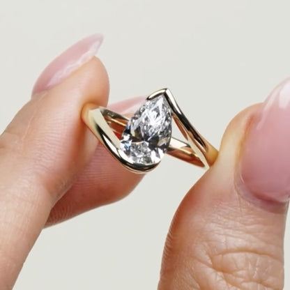 Bypass Pear Moissanite Engagement Ring Half Bezel Gold  Anniversary Ring