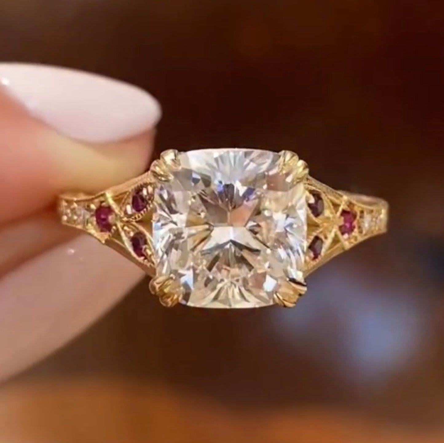 double claw prong  cushion vintage lab grown engagement ring art deco gold wedding nature inspired ring