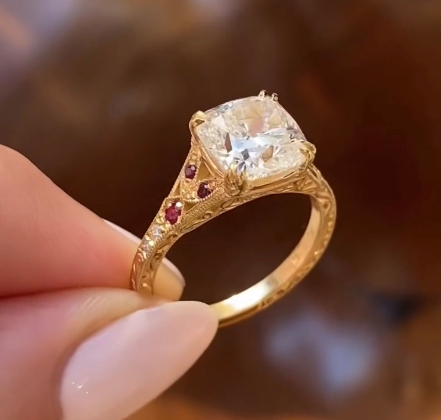 double claw prong  cushion vintage lab grown engagement ring art deco gold wedding nature inspired ring