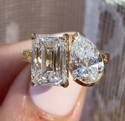 4.50 TCW Vintage Toi Et Moi  Emerald And Pear Moissanite Art Deco Engagement Ring Gold you And Me Ring