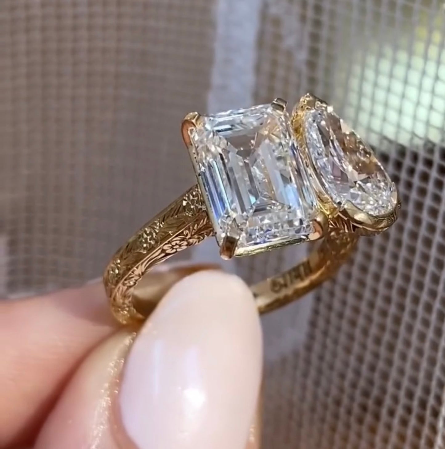 4.50 tcw vintage toi et moi  emerald and pear moissanite art deco engagement ring gold you and me ring