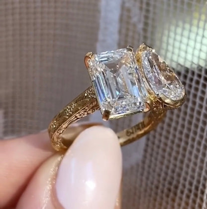 4.50 TCW Vintage Toi Et Moi  Emerald And Pear Moissanite Art Deco Engagement Ring Gold you And Me Ring