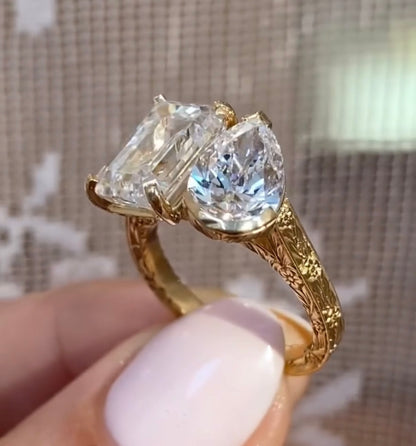 4.50 TCW Vintage Toi Et Moi  Emerald And Pear Moissanite Art Deco Engagement Ring Gold you And Me Ring