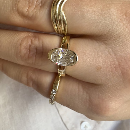 Half Bezel Oval Cut Moissanite Engagement Ring Unique Gold Wedding Anniversary Ring
