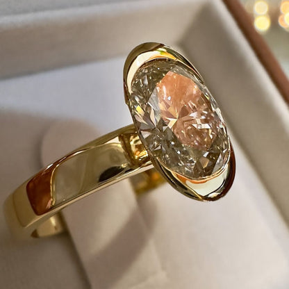 Half Bezel Oval Cut Moissanite Engagement Ring Unique Gold Wedding Anniversary Ring