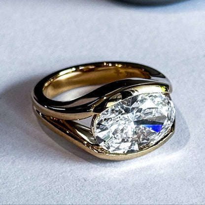 Half Bezel Oval Moissanite Engagement Ring East West Gold Split Shank Wedding Ring
