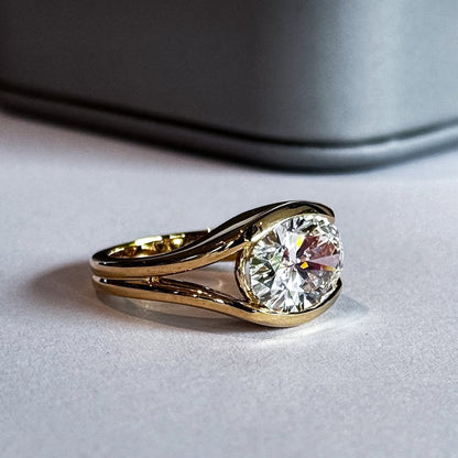Half Bezel Oval Moissanite Engagement Ring East West Gold Split Shank Wedding Ring