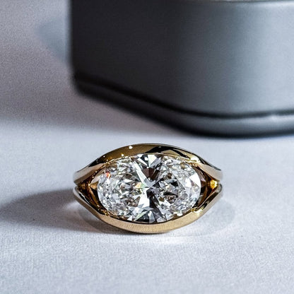 Half Bezel Oval Moissanite Engagement Ring East West Gold Split Shank Wedding Ring