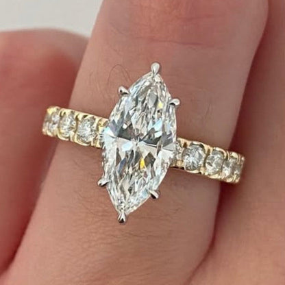 Marquise  Lab Grown Diamond Engagement Ring Yellow Gold Band With Side Diamonds Vintage Milgrain Setting