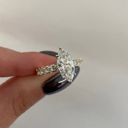 Marquise  Lab Grown Diamond Engagement Ring Yellow Gold Band With Side Diamonds Vintage Milgrain Setting