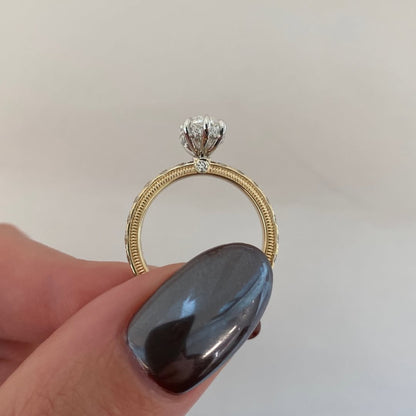 Marquise  Lab Grown Diamond Engagement Ring Yellow Gold Band With Side Diamonds Vintage Milgrain Setting