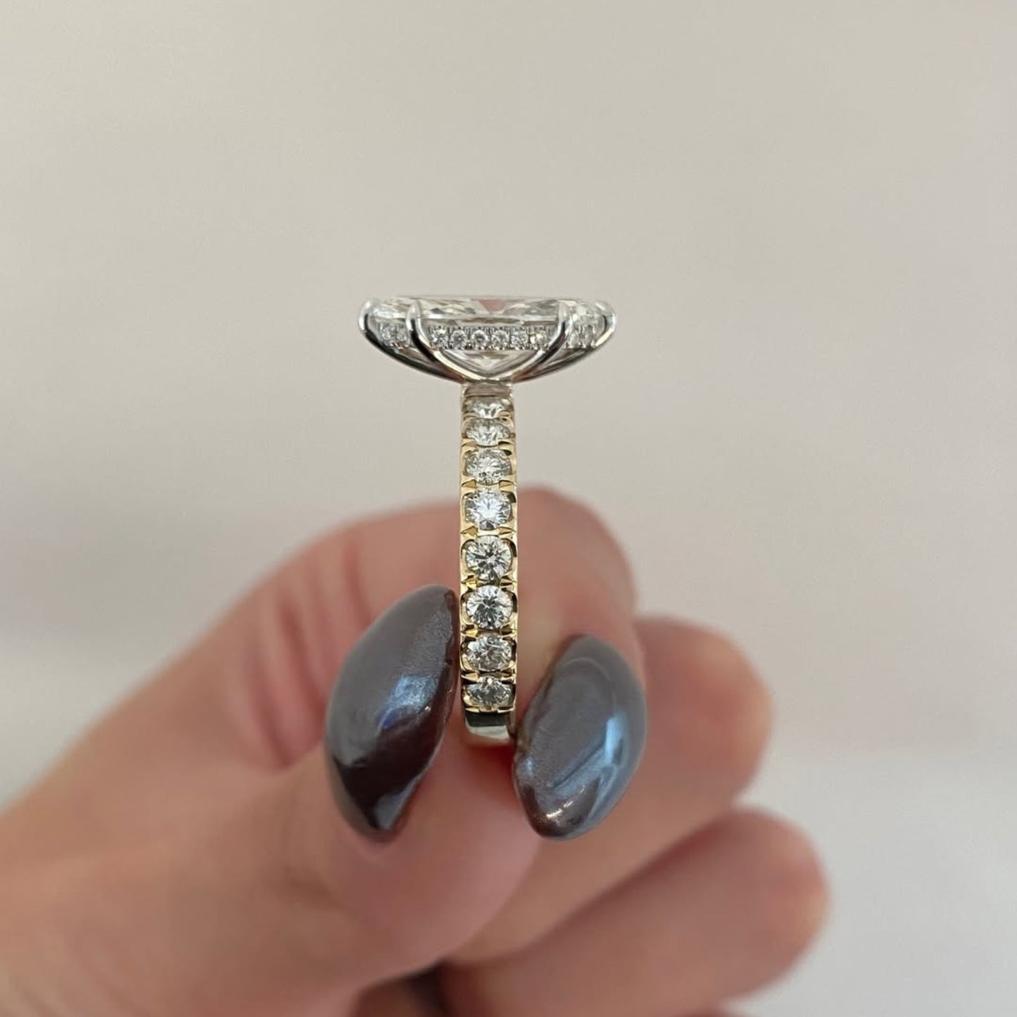marquise  lab grown diamond engagement ring yellow gold band with side diamonds vintage milgrain setting