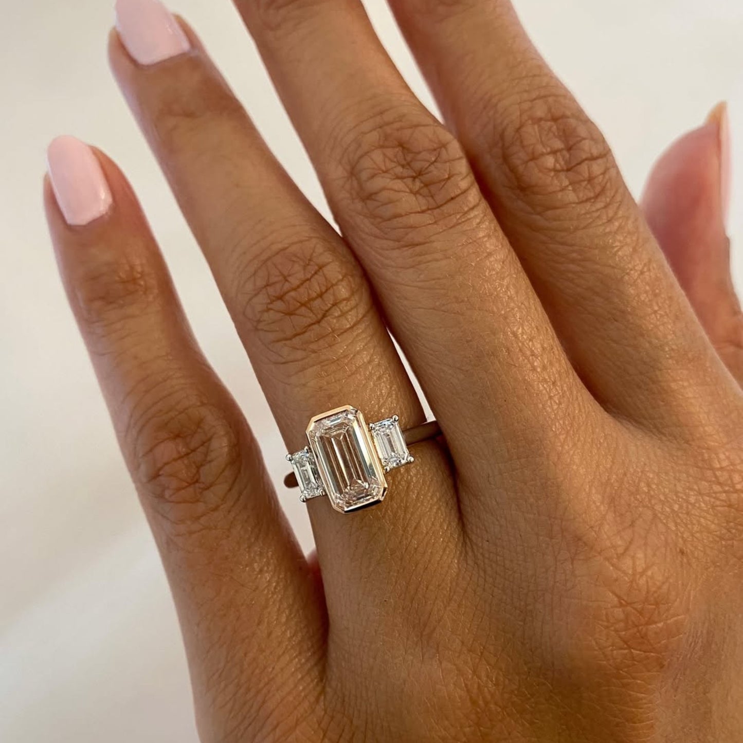 emerald cut lab grown  diamond three stone engagement ring bezel setting handmade luxury ring