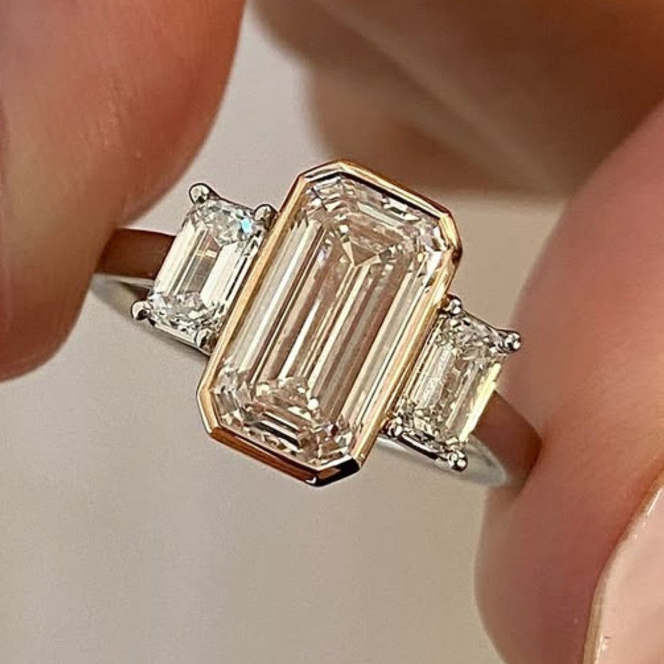 emerald cut lab grown  diamond three stone engagement ring bezel setting handmade luxury ring