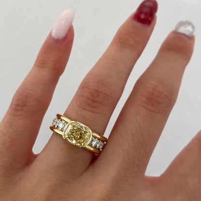 East West Yellow Cushion Lab Grown Engagement Ring Half Bezel Solid Gold Wedding Ring