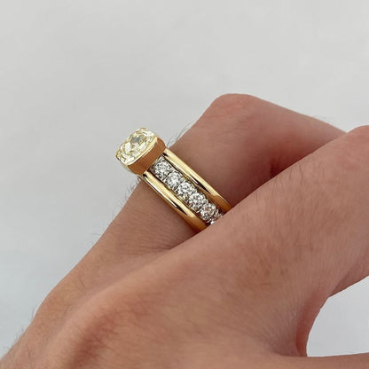 East West Yellow Cushion Lab Grown Engagement Ring Half Bezel Solid Gold Wedding Ring